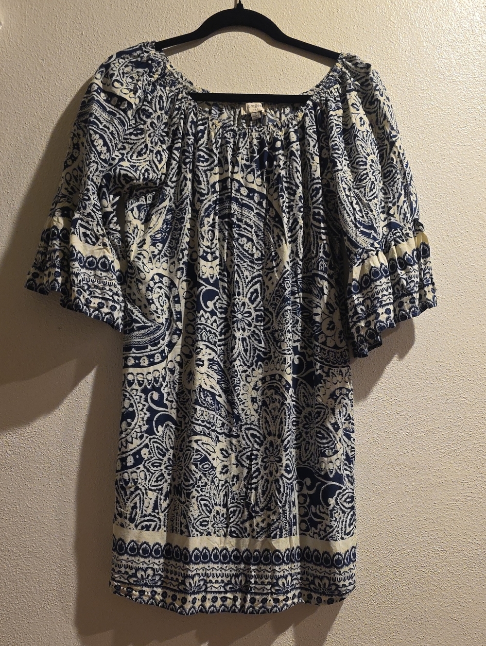 Umgee Blue & White Paisley Shift Dress With 3/4 Length Bell Sleeves